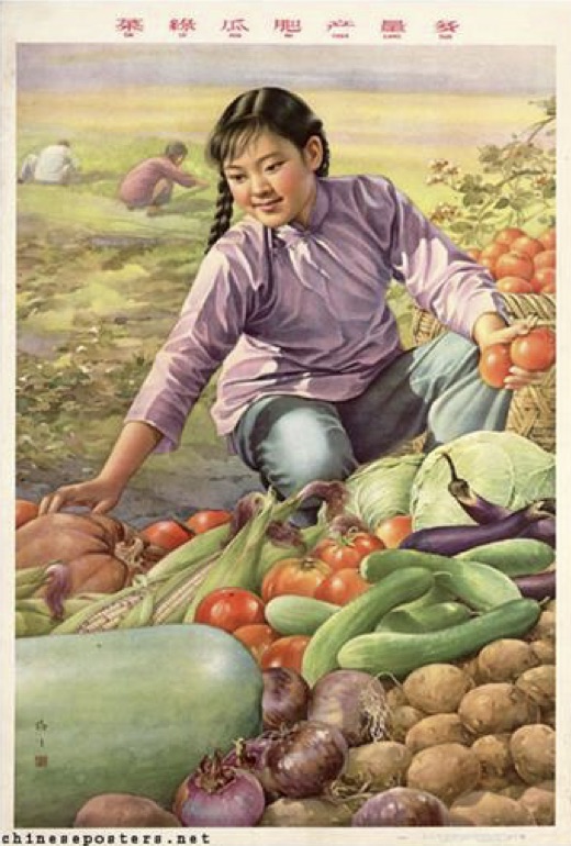 Chinese poster of girl harvesting melons