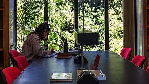 Someone studying at a large table in the library
