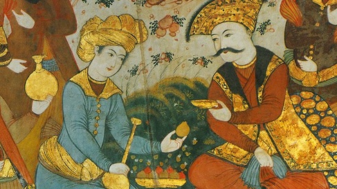 Painting of Shah Abbas I and a Courtier offering fruit and drink 