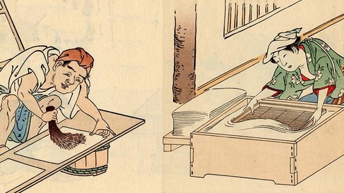 Japanese woodblock print depicting traditional papermaking or woodblock printing processes.