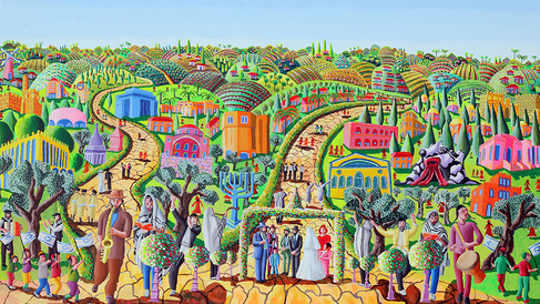Colourful Israeli wedding scene by artist Raphael Perez 