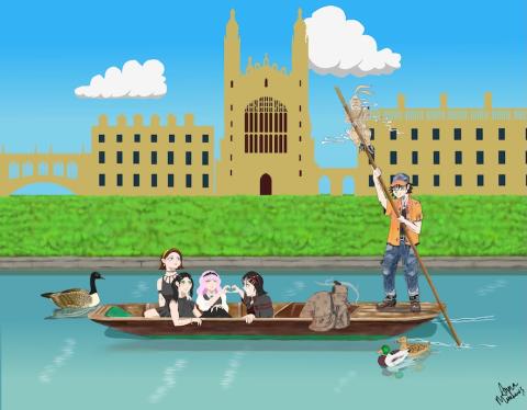 Artwork by Anna Matthews depicts characters from modern and pre-modern EAS popular culture riding a punt together on the river Cam, college buildings in the background